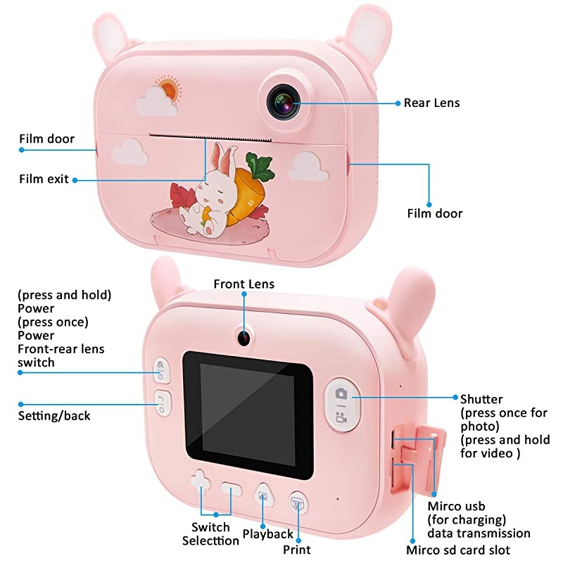 Print Camera for Kids Girls Zero Ink Print Photo Selfie Video Digital Camera with Paper Film 312 Years Old Children Mini Learning Toy Camera Gifts for Birthday Holiday Travel Pink