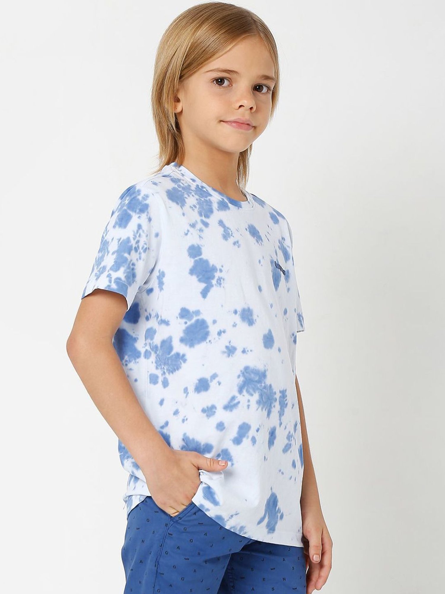 Gas Kids Blue & White Cotton Over Dyed T-Shirt