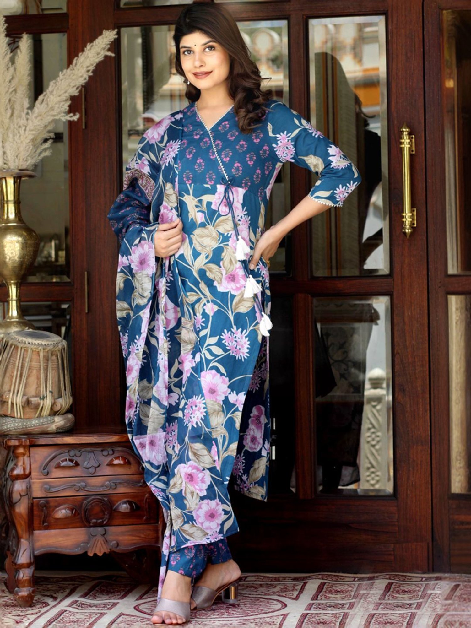 Miravan Blue Cotton Floral Print Kurta Pant Set With Dupatta