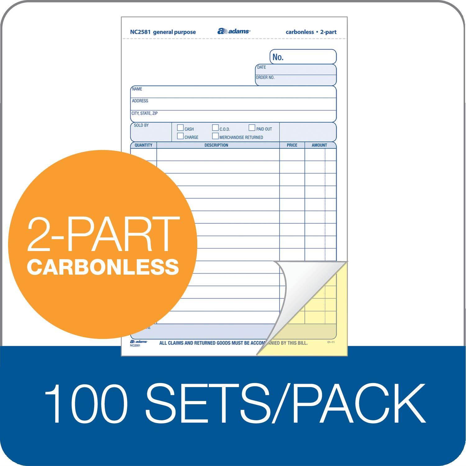 Adams General Purpose Unit Sets, 5.67 x 8.5 Inches, 2-Part, Carbonless, White/Canary, 100 Sets per Pack (NC2581)