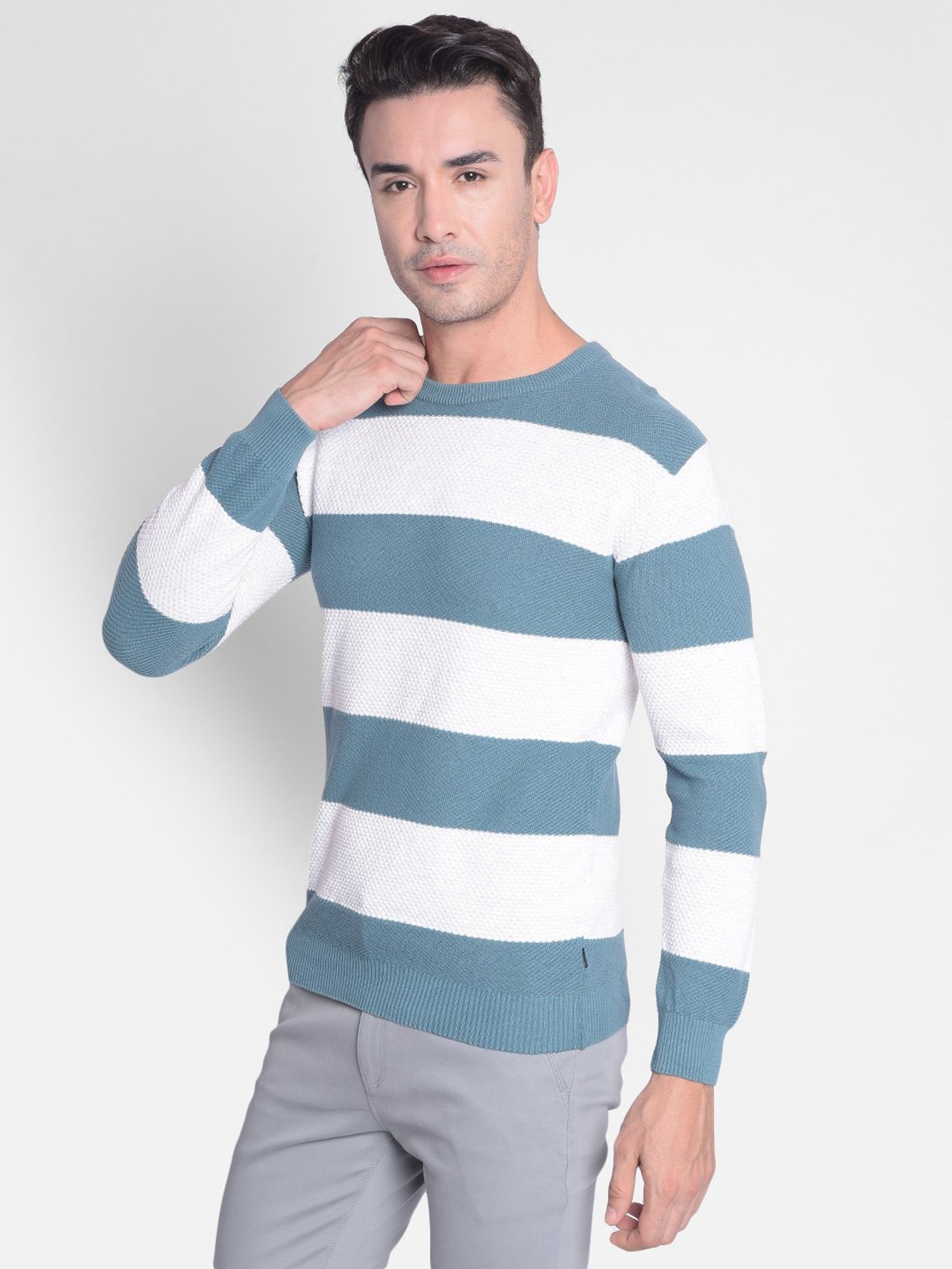Crimsoune Club Blue & White Regular Fit Striped Cotton Sweater