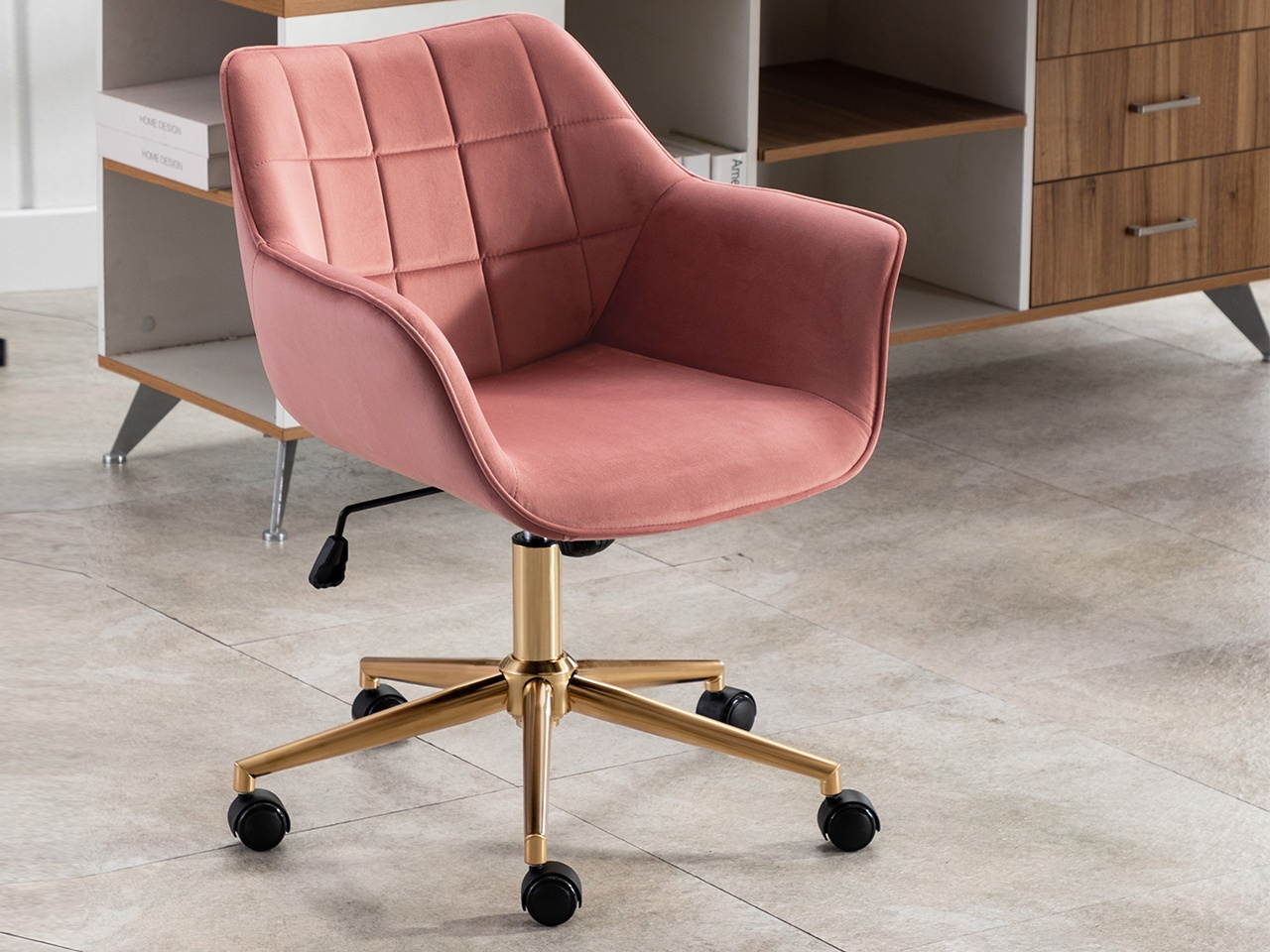 Swivel Height Adjustable Task Chair with Arms Velvet Upholstered Office Chair with Gold Base