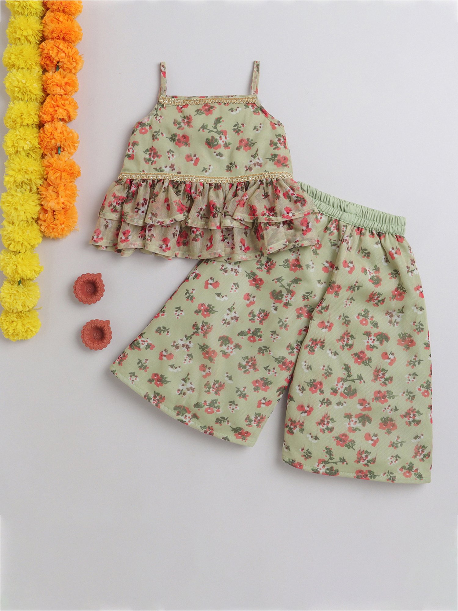 Many Frocks Kids Green Floral Print Top with Plazzos