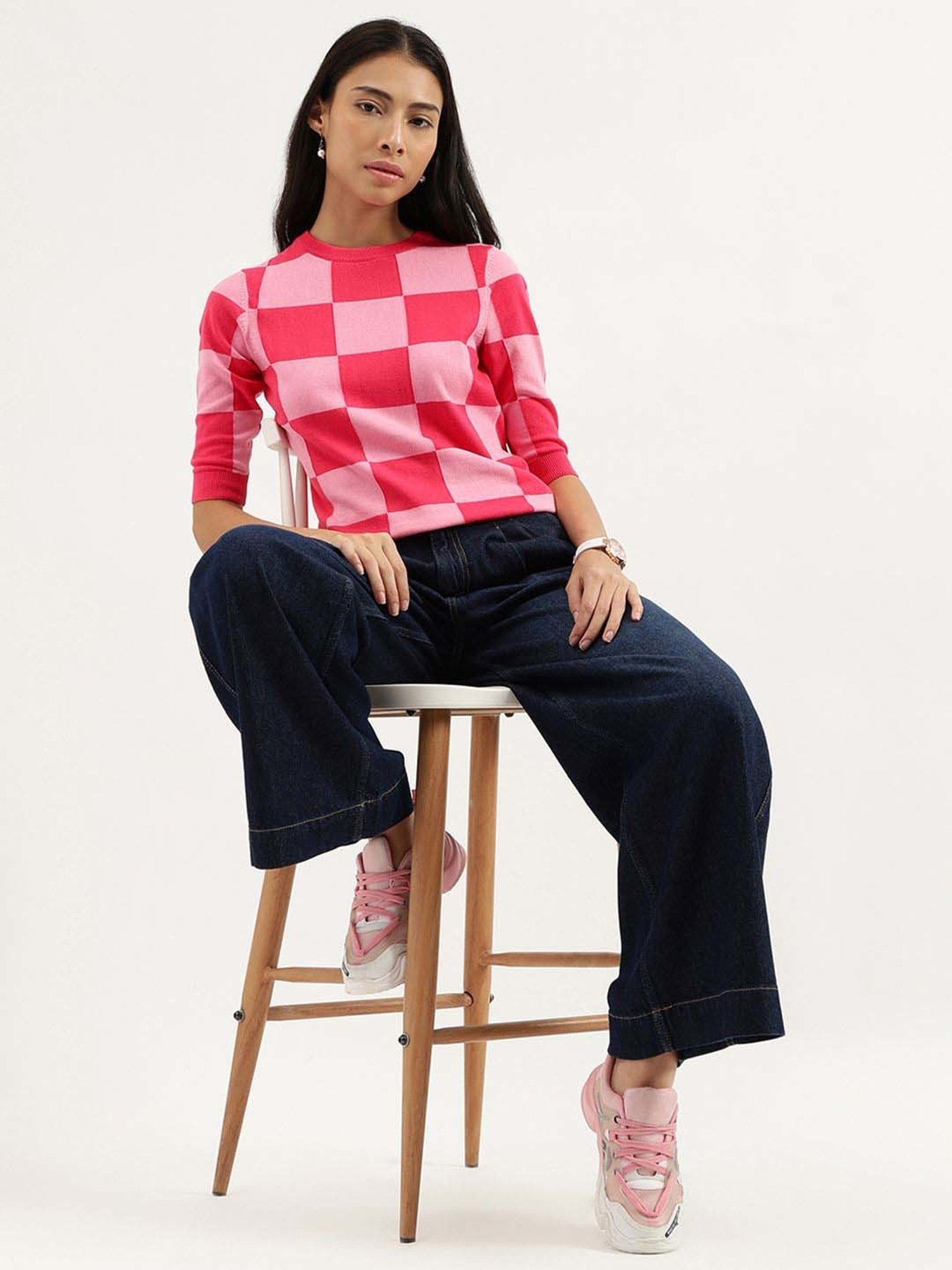 United Colors of Benetton Pink Cotton Chequered Top