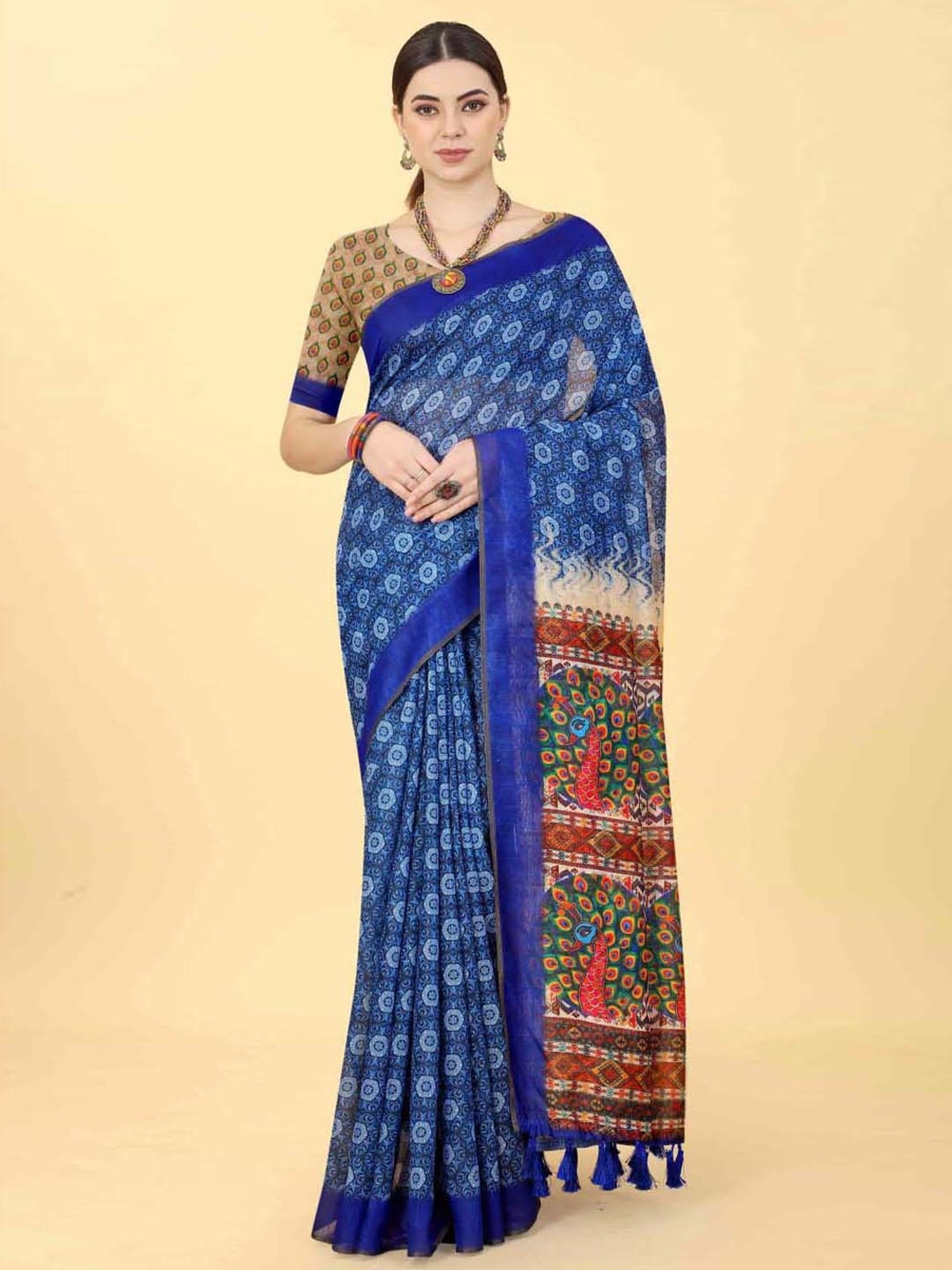 Silk Land Blue Printed Saree With Unstitched Blouse