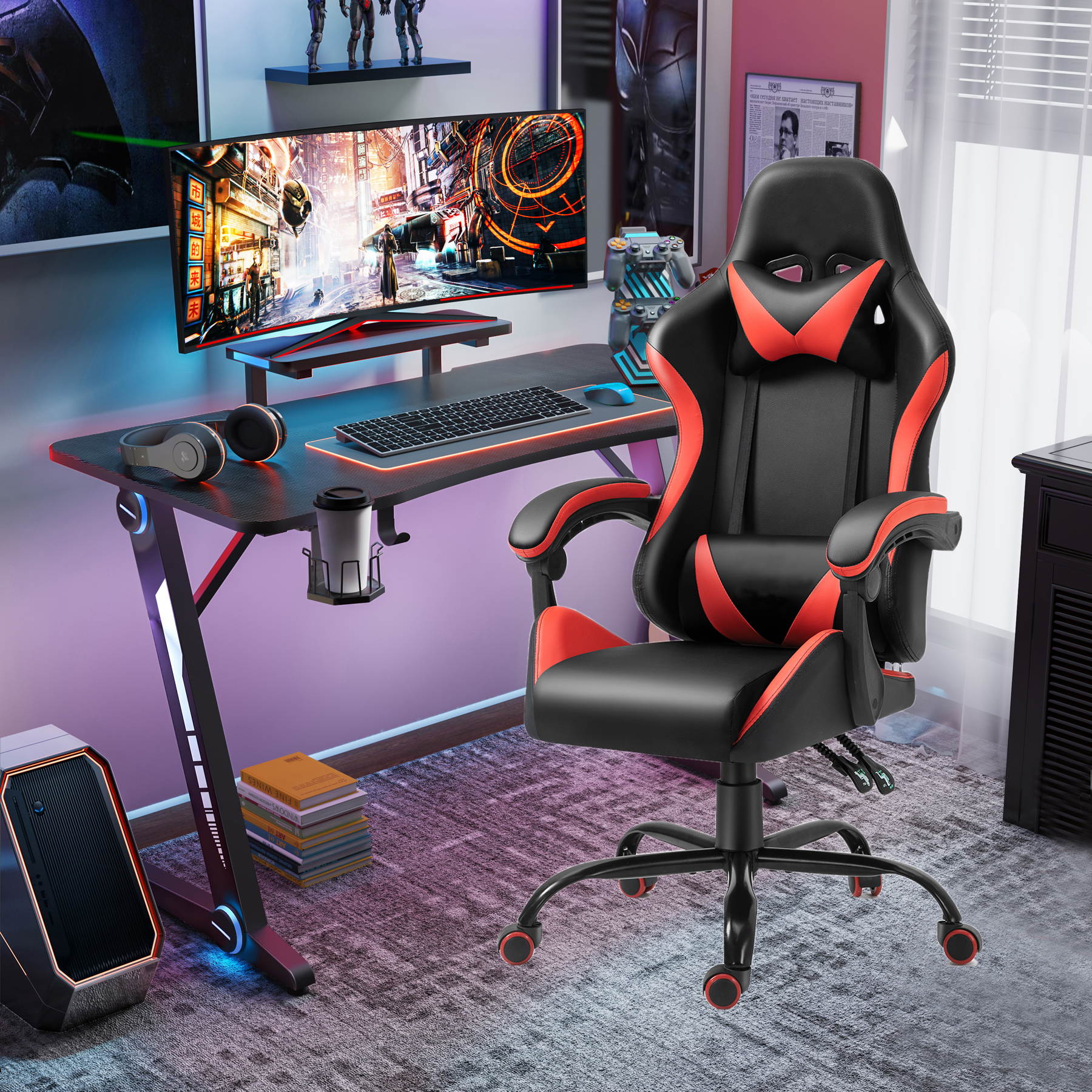 47.2 Inch Z-Shaped Gaming Desk with  Red Economic PU Leather Gaming  Chair Home Office Desk and Chair Set Gamer Workstation with Monitor Stand Carbon Fiber Surface Gamer Table with RGB Lights