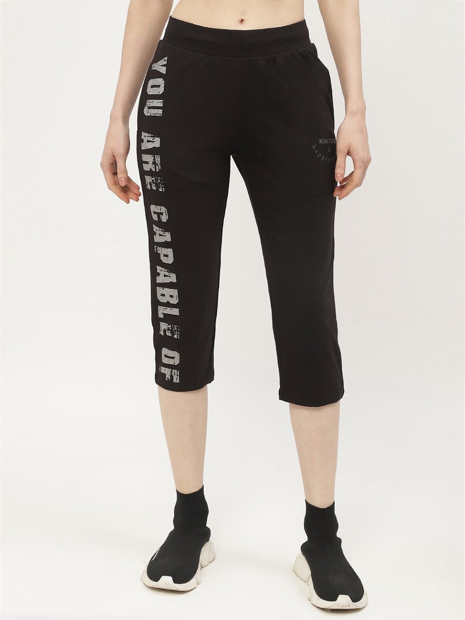 MADAME M Secret Black Cotton Graphic Print Capris