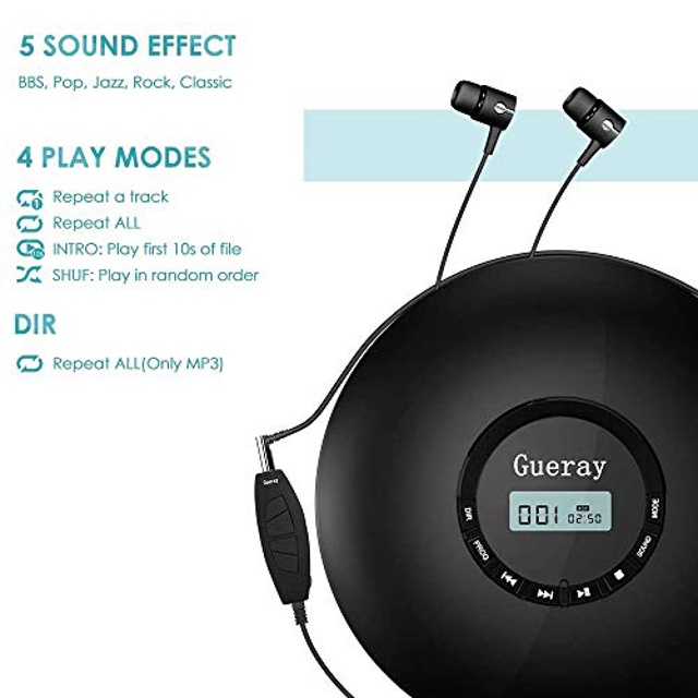 Portable CD Player 1400mAh CD Walkman Gueray Rechargeable CD Player Portable CD Discman Personal CD Player with Headphones Jack USB Supply CD Music Disc with LCD Display (Black)