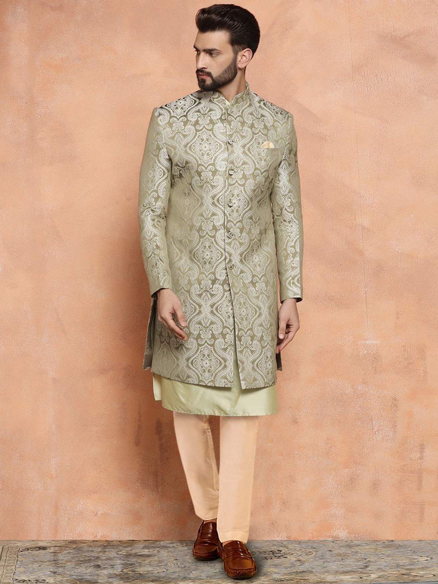 Kisah Beige & Green Regular Fit Jacquard Sherwani Set