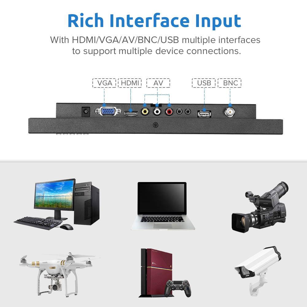 Eyoyo 12" HDMI IPS Monitor, 1366x768 170&deg; wide viewing Metal Housing LED Screen Support HDMI/VGA/AV/BNC Input Video Audio Built-in Speakers With Wall Bracket&Remote Control for PC CCTV Security Camera