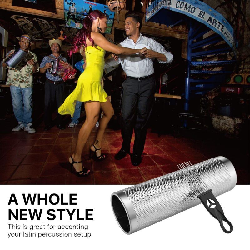 Metal Guiro with Scraper Shack 4" x 12" - Round Cylinder Stainless Steel Latin Hand Percussion Instrument with Handle Guiro Musical Training Tool for Jazz Bands, Concerts, Live Performance