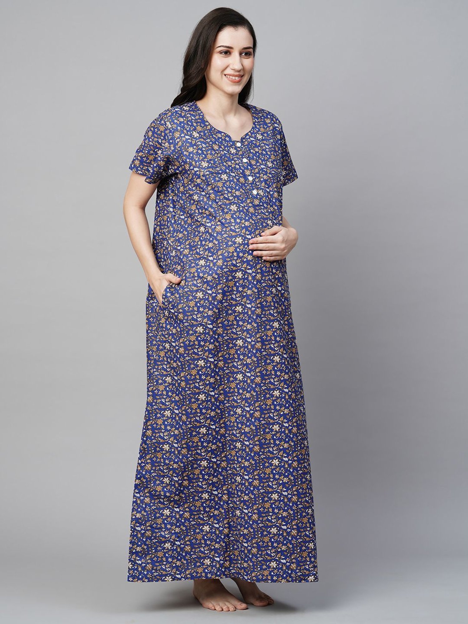 MomToBe Blue Cotton Printed Feeding Nighty