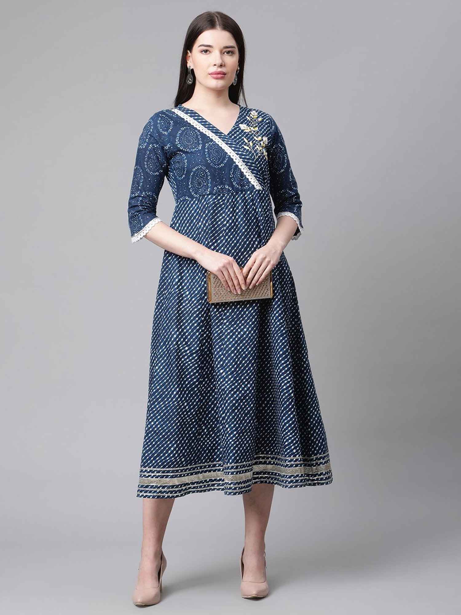 Sringam Blue Printed V-Neck Kurta