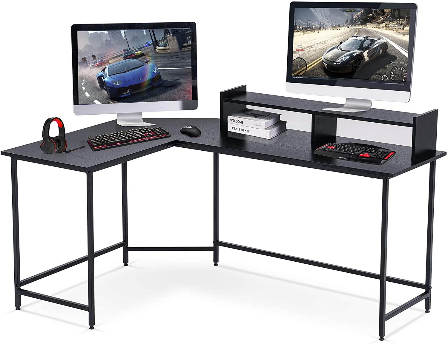 L-Shaped Corner Desk Computer Gaming Desk with Monitor Stand Riser,Home Office Writing Workstation, Black, 63 x 44 inch (Black)
