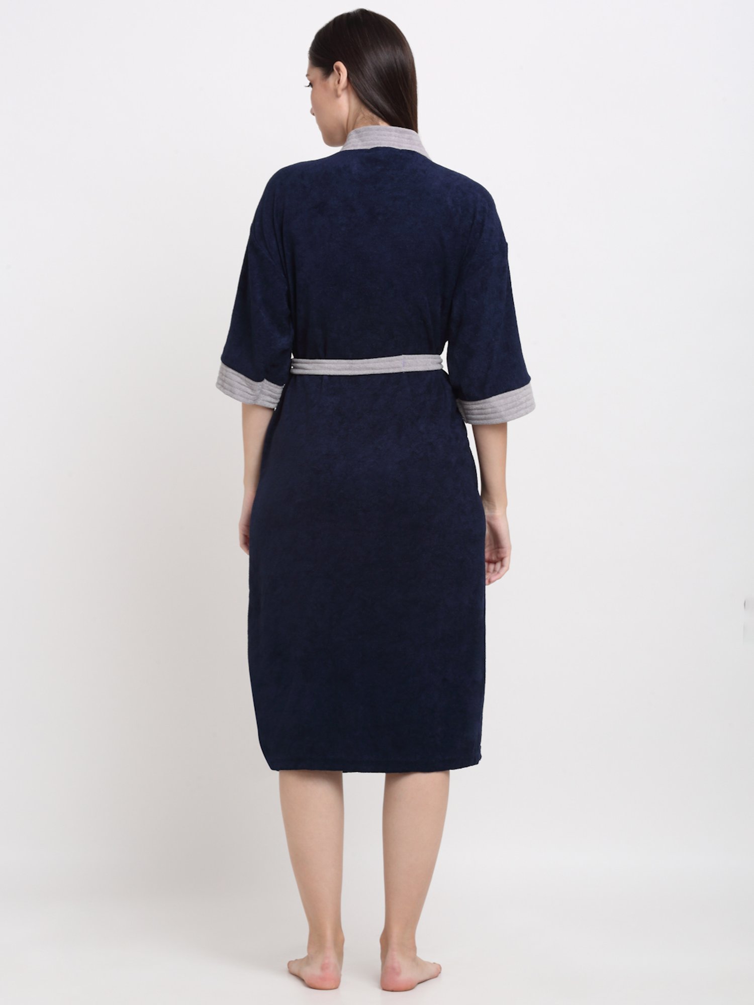 Creeva Everyday Navy & Grey 225 GSM Micro Terry Bathrobe with Front Pocket & Kimono Collar