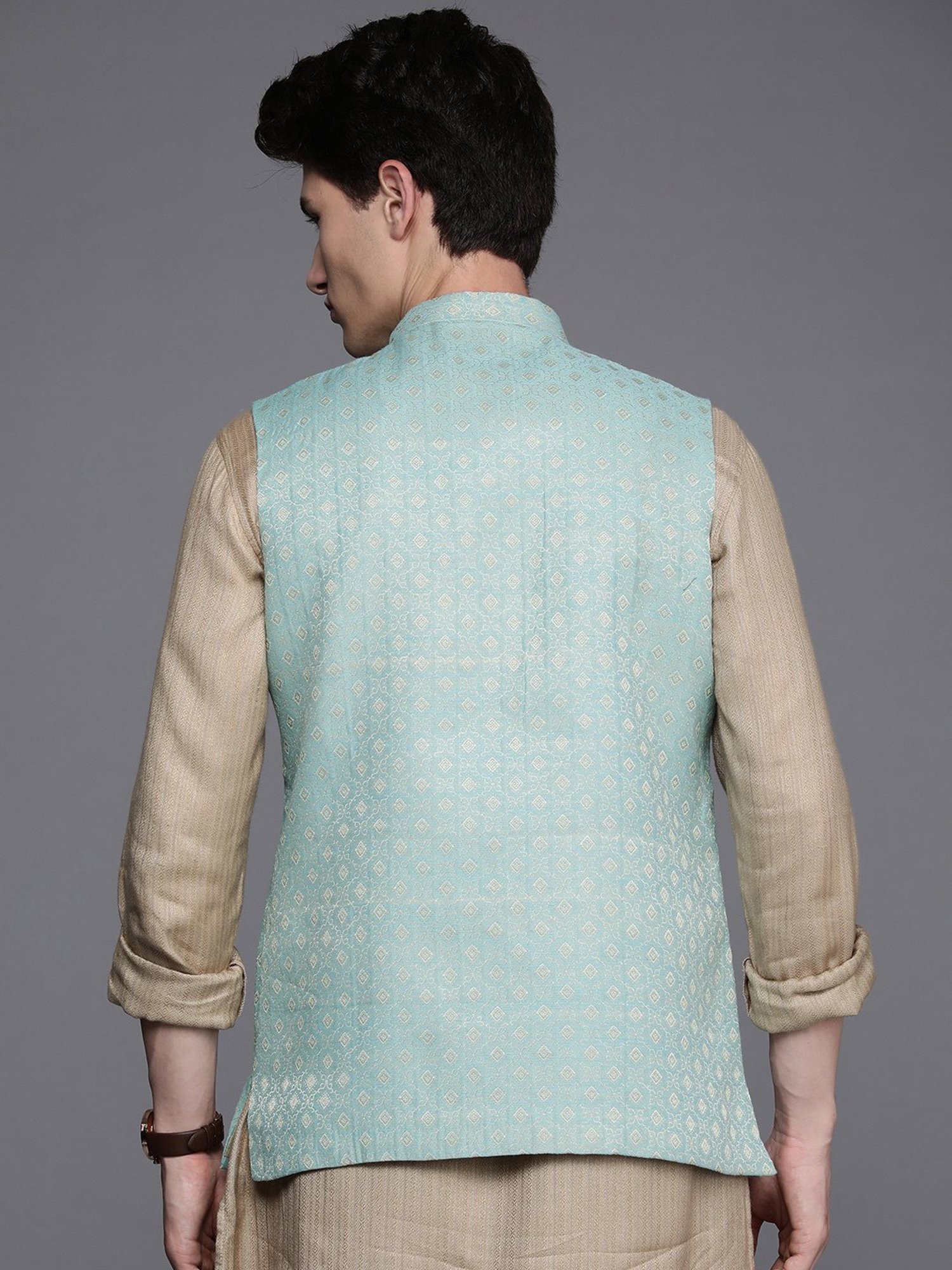 Manyavar Turquoise Regular Fit Self Design Nehru Jacket