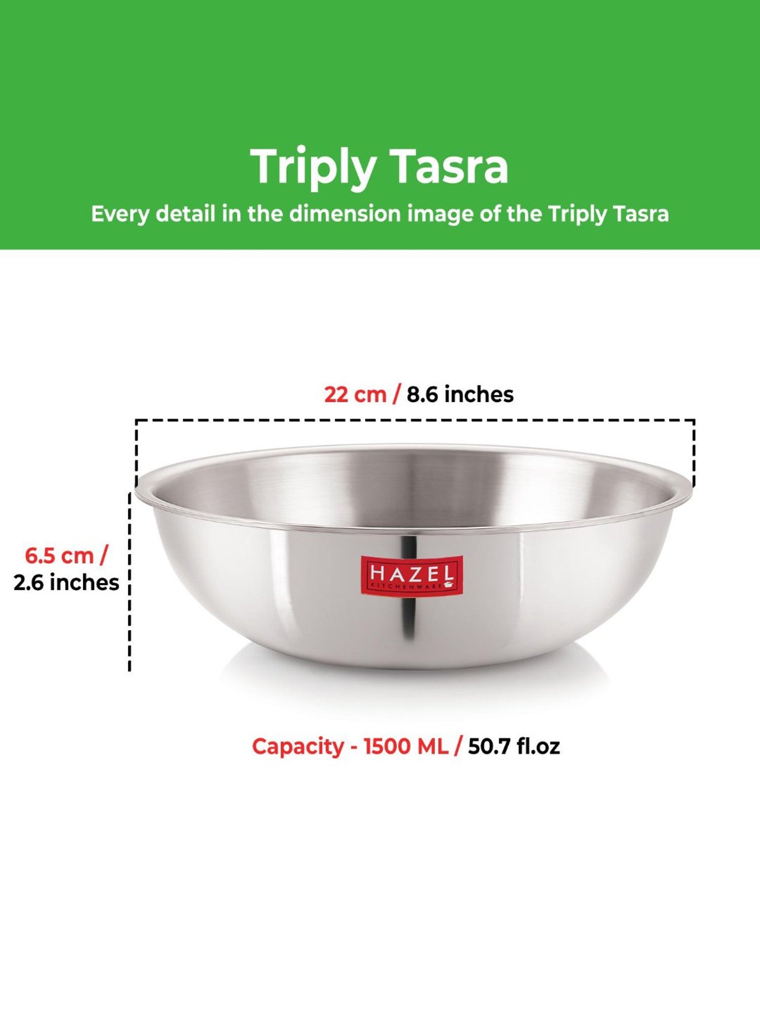 HAZEL Triply Stainless Steel Induction Bottom Tasra, 1.5 Litre, 20.5 cm