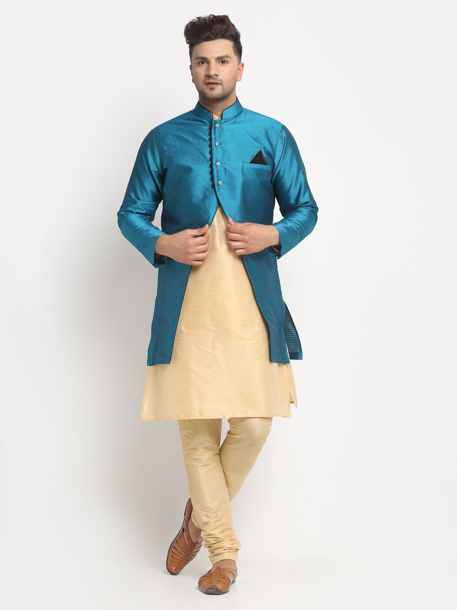 Benstoke Gold & Peacock Blue Regular Fit Self Pattern Kurta Set With Jacket