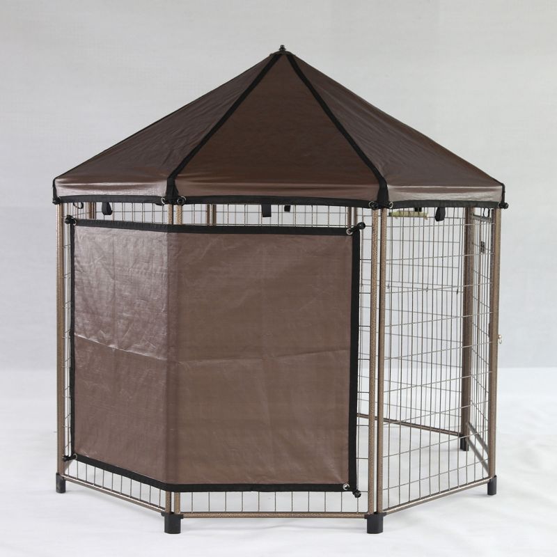 Advantek Pet 23345 Gazebo Outdoor 5 Foot Wide Sun Shade Reversible Weatherproof Dog Kennel Cover Wall with 4 Inch Ball Tires, Brown