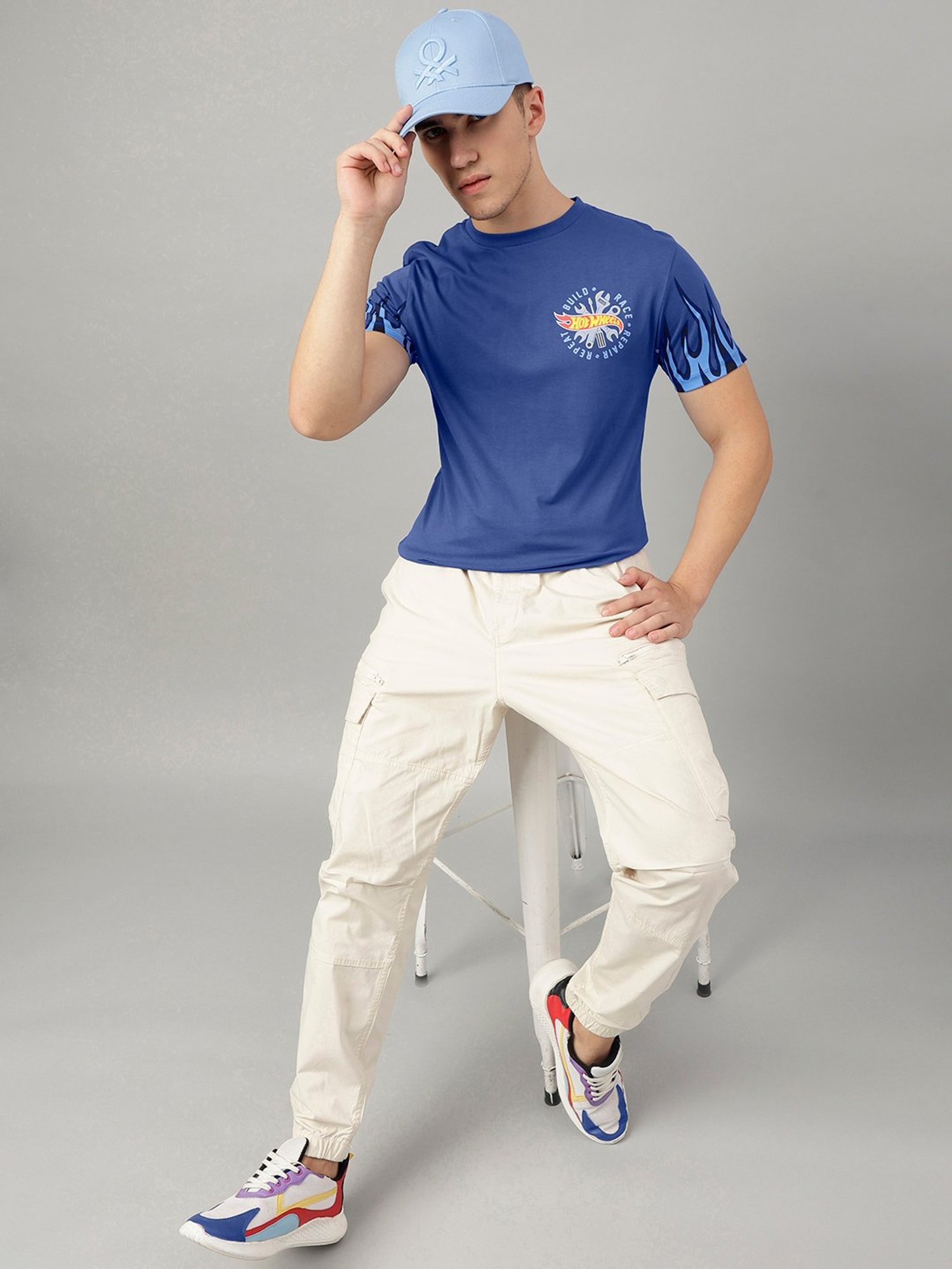 Free Authority Charcoal & Blue Regular Fit Hot Wheels Print T-Shirt - Pack of 2