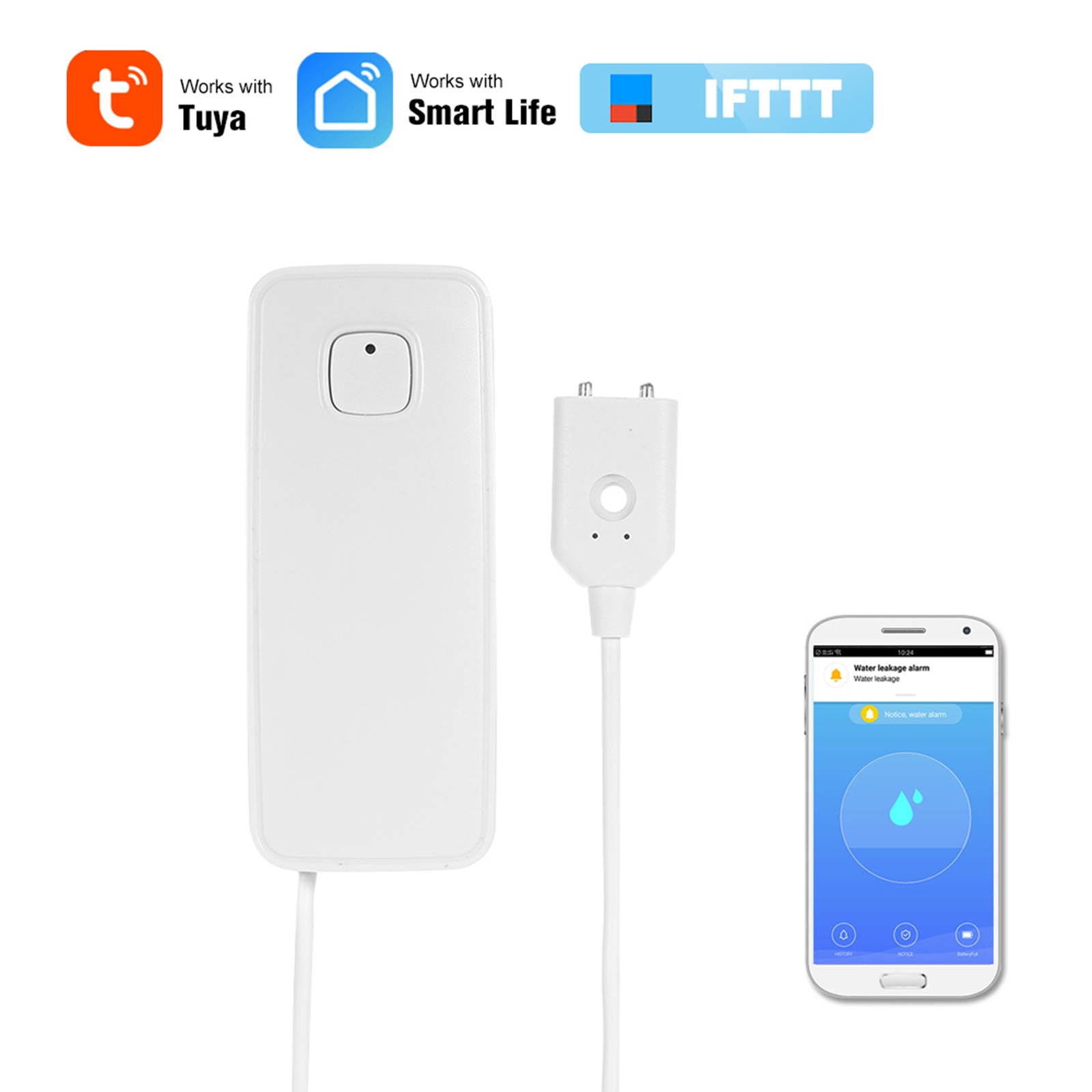 WIFI Water Leak Sensor Water Leakage Intrusion Detector Alert Water Level Overflow Alarm Tuya Smart Life App Remote Control Compatible with IFTTT for Home House Security