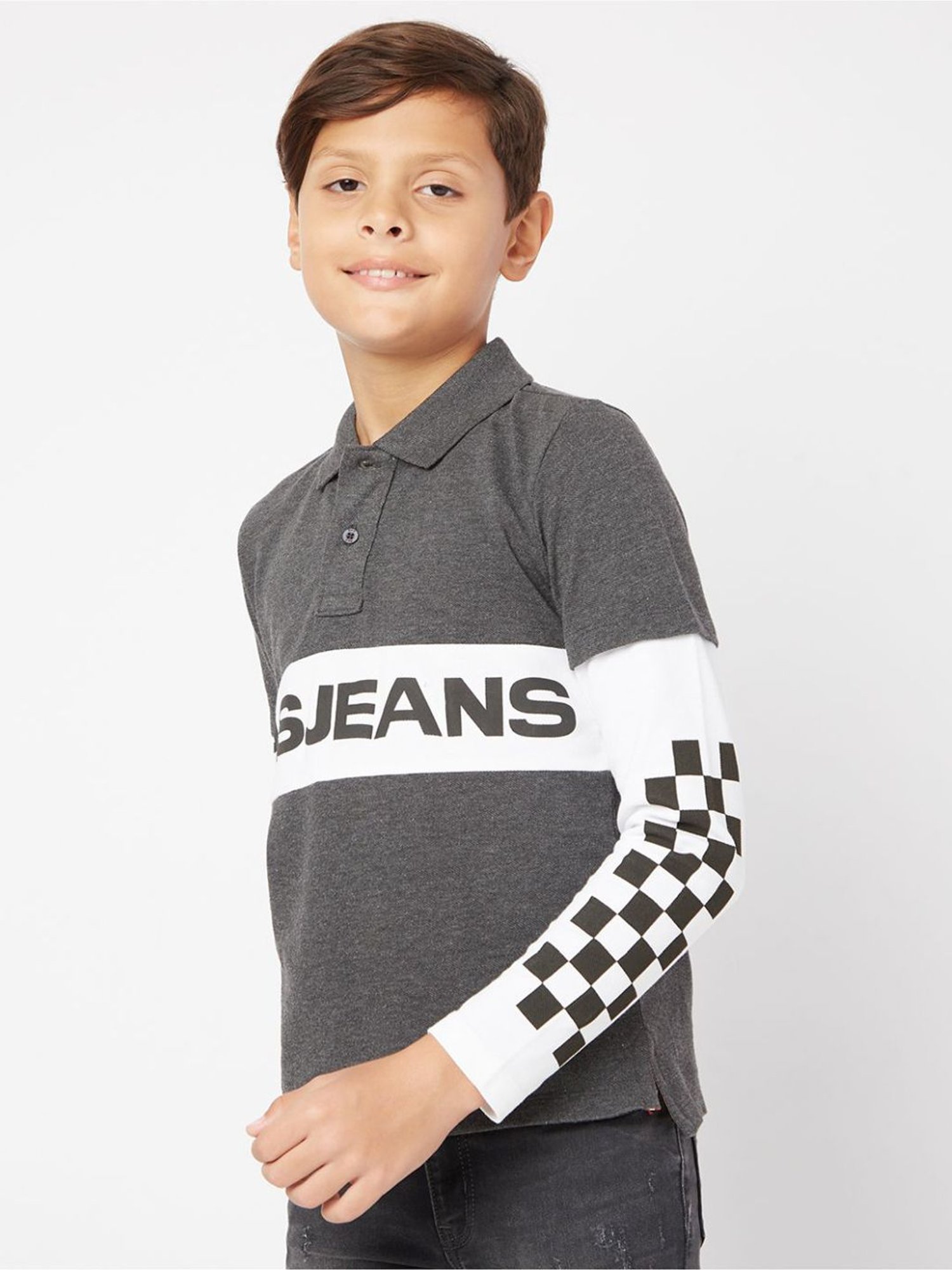 GAS Boys Grey & White Cotton Color Block Full Sleeves Polo T-Shirt