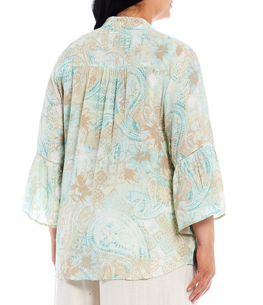 Ruby Rd. Plus Size Paisley Floral Print Split Round Neck 3/4 Bell Sleeve Button Front Top