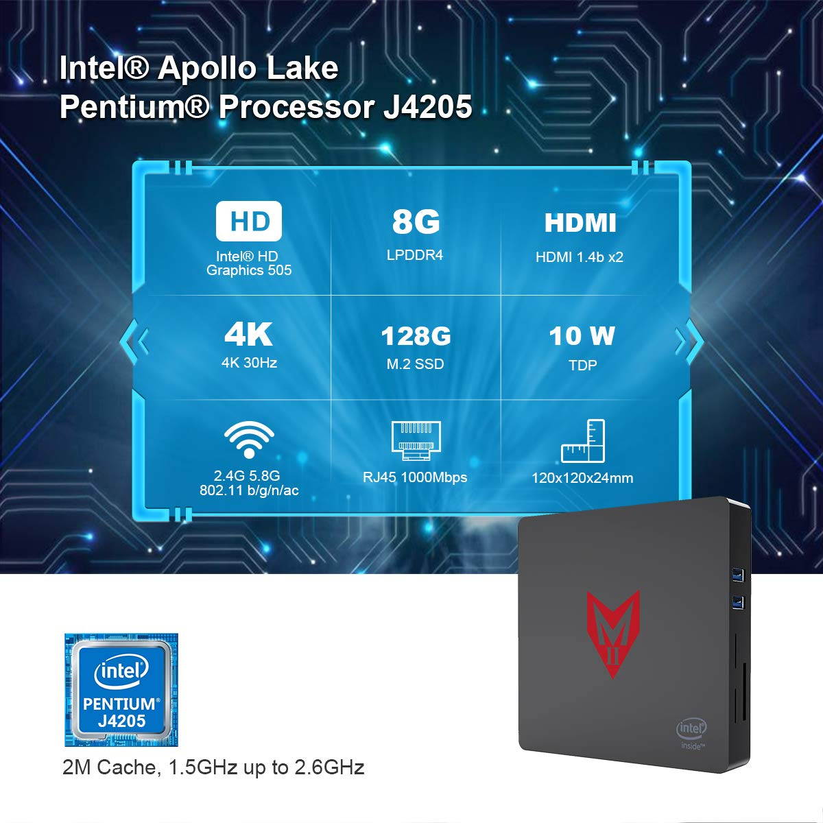 Beelink M2 Mini PC Licence Windows 10 8GB RAM LPDDR4 128GB SSD M.2 Intel Apollo Lake Pentium Silver J4205 Multimedia Office Desktop Computer HDMI 4K Display VESA Mount, Dual WiFi