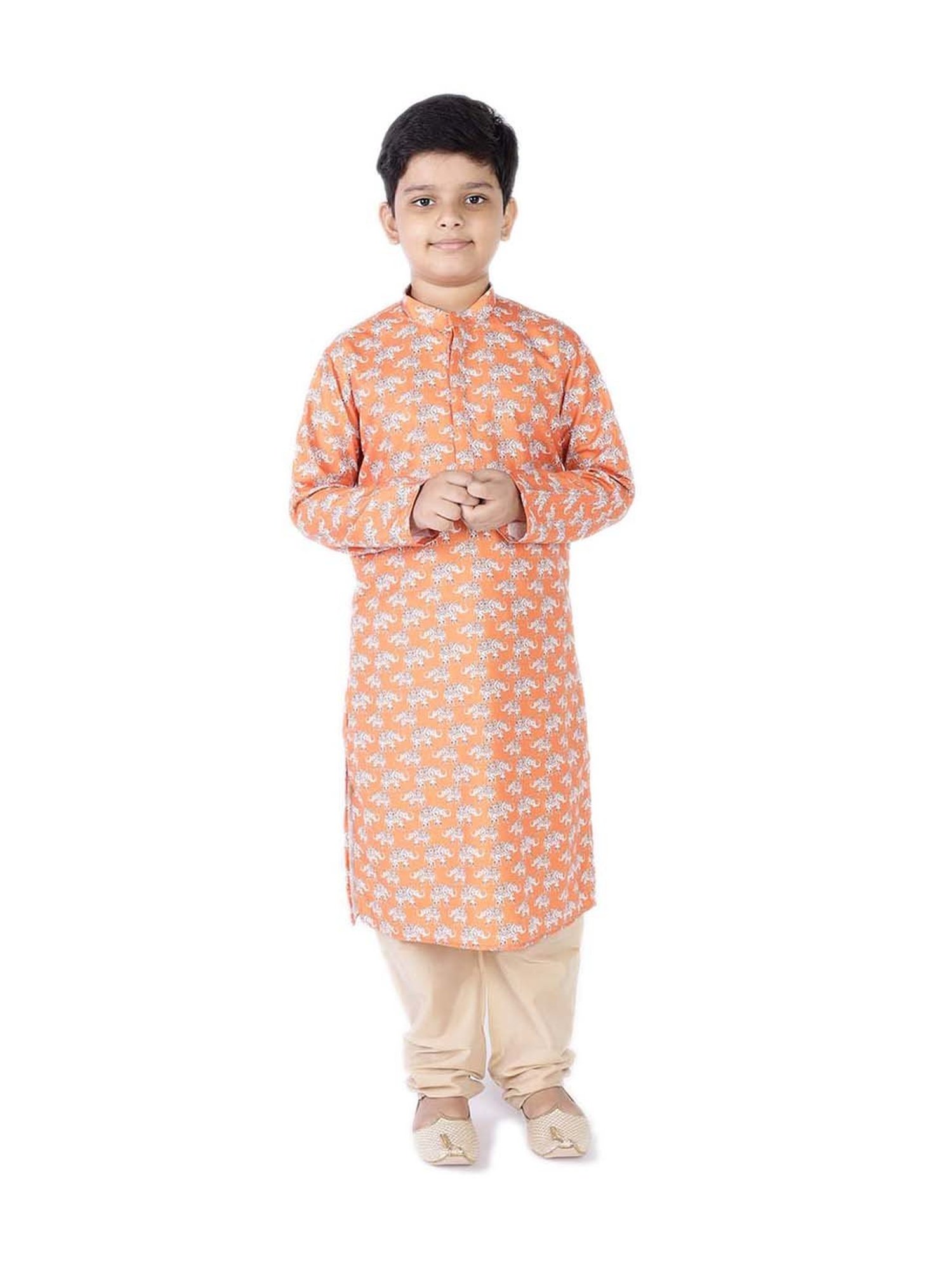 TABARD Kids Orange & Beige Cotton Printed Kurta Set