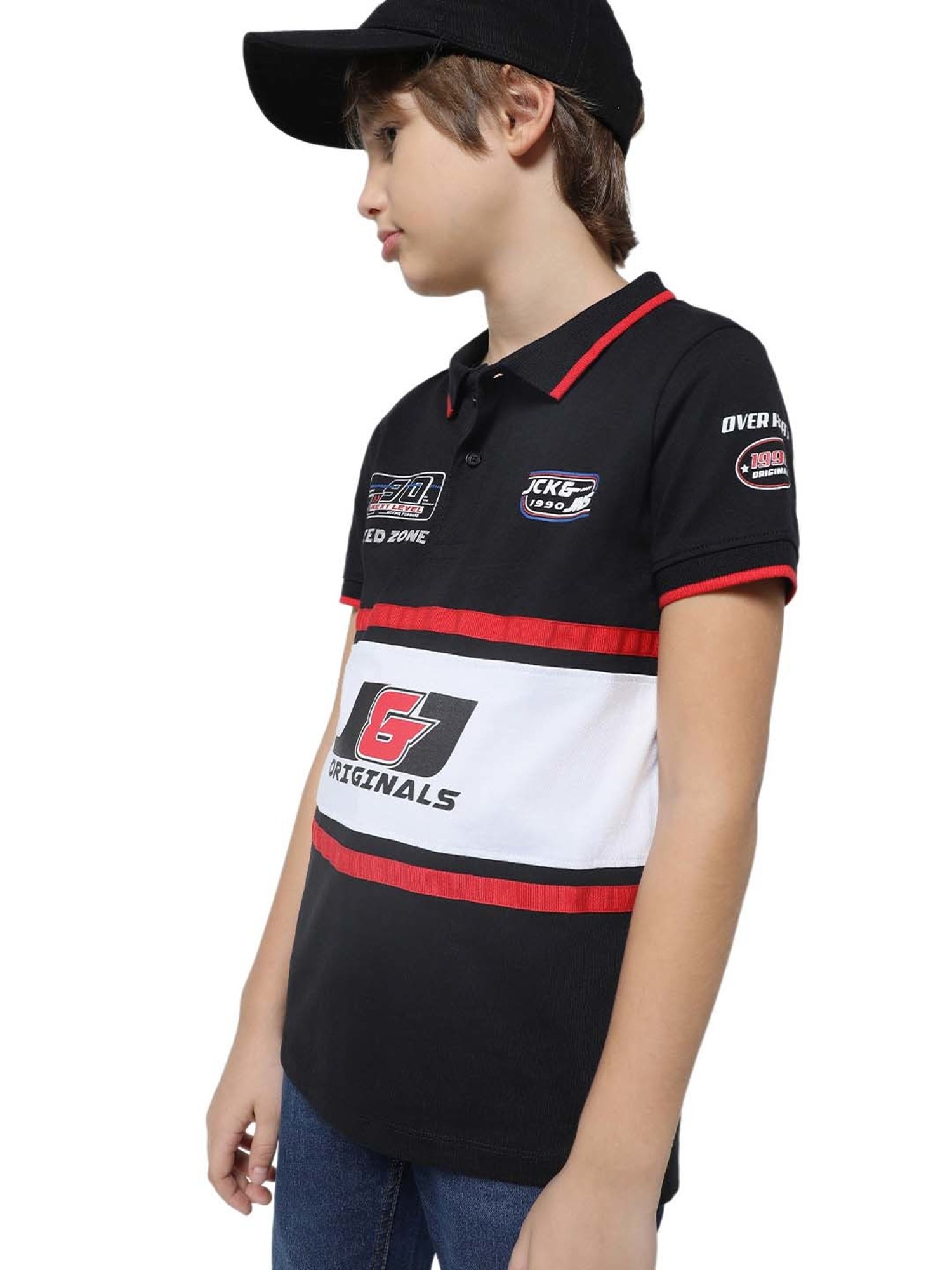 Jack & Jones Junior Jet Black & White Cotton Color Block Polo T-Shirt