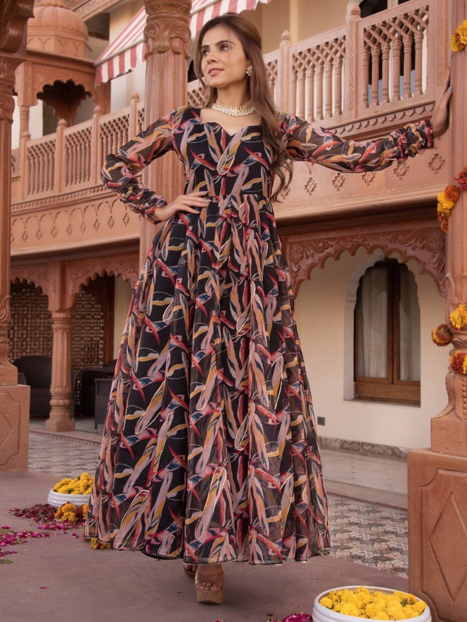 Calmna Black And Gold Organza Anarkali Suit Set