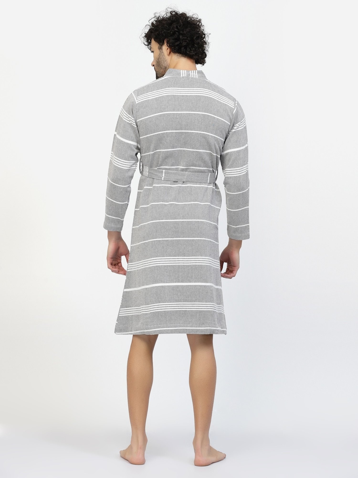 Klotthe Stripes Grey 210 GSM Cotton Bath Robe with Belt