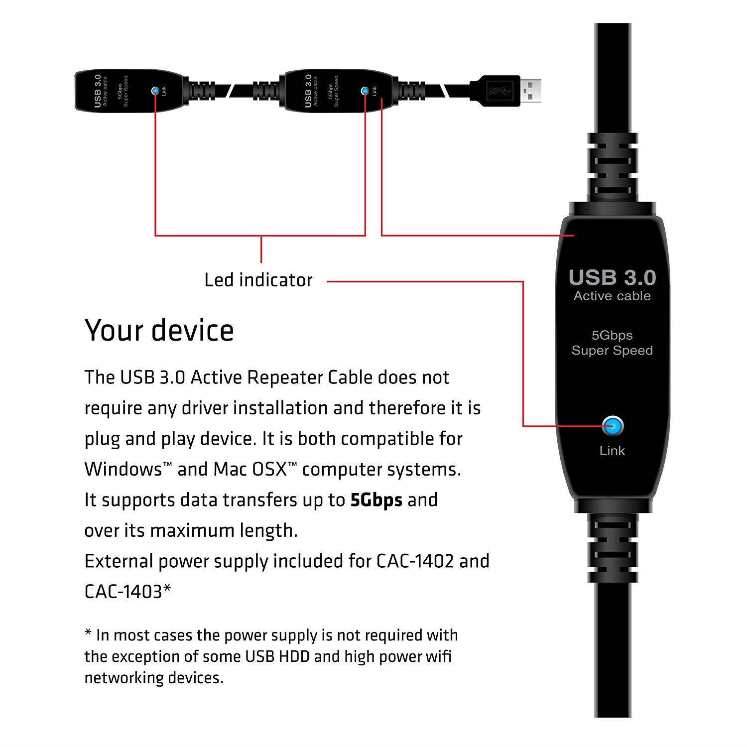 USB 3.0 Active Repeater Cable 10 m/ 32 ft Male/Female, 28 AWG