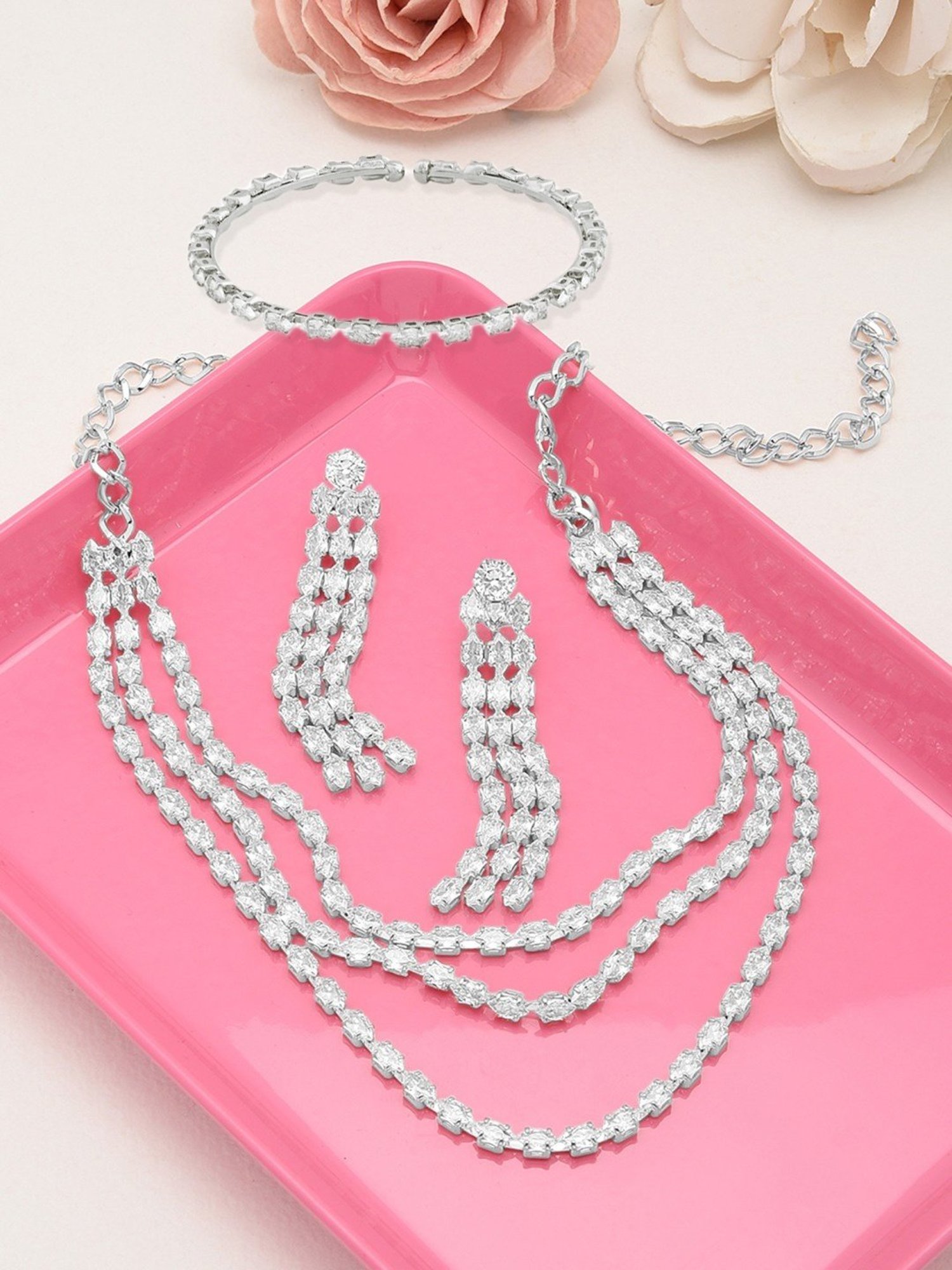 Zaveri Pearls Silver Tone Marquise Cubic Zirconia Layered Necklace, Earring & Bracelet Set