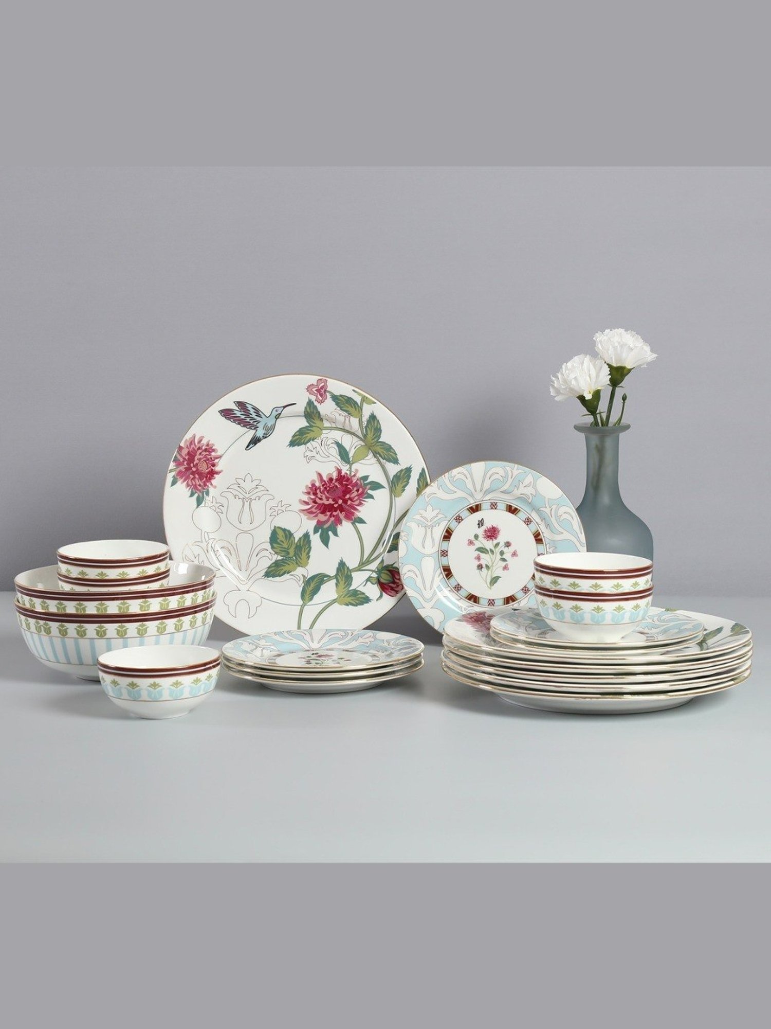 India Circus Floral Pink Bone China Dinner Set - Set Of 20