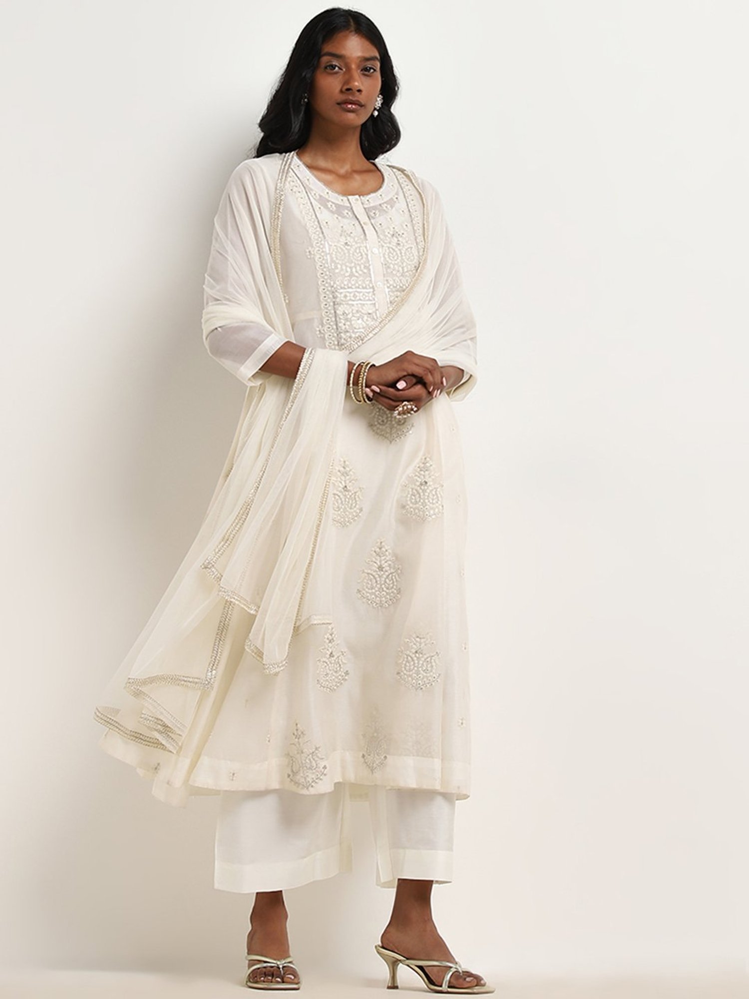 Vark by Westside White Embroidered A-Line Kurta, Pants & Dupatta Set