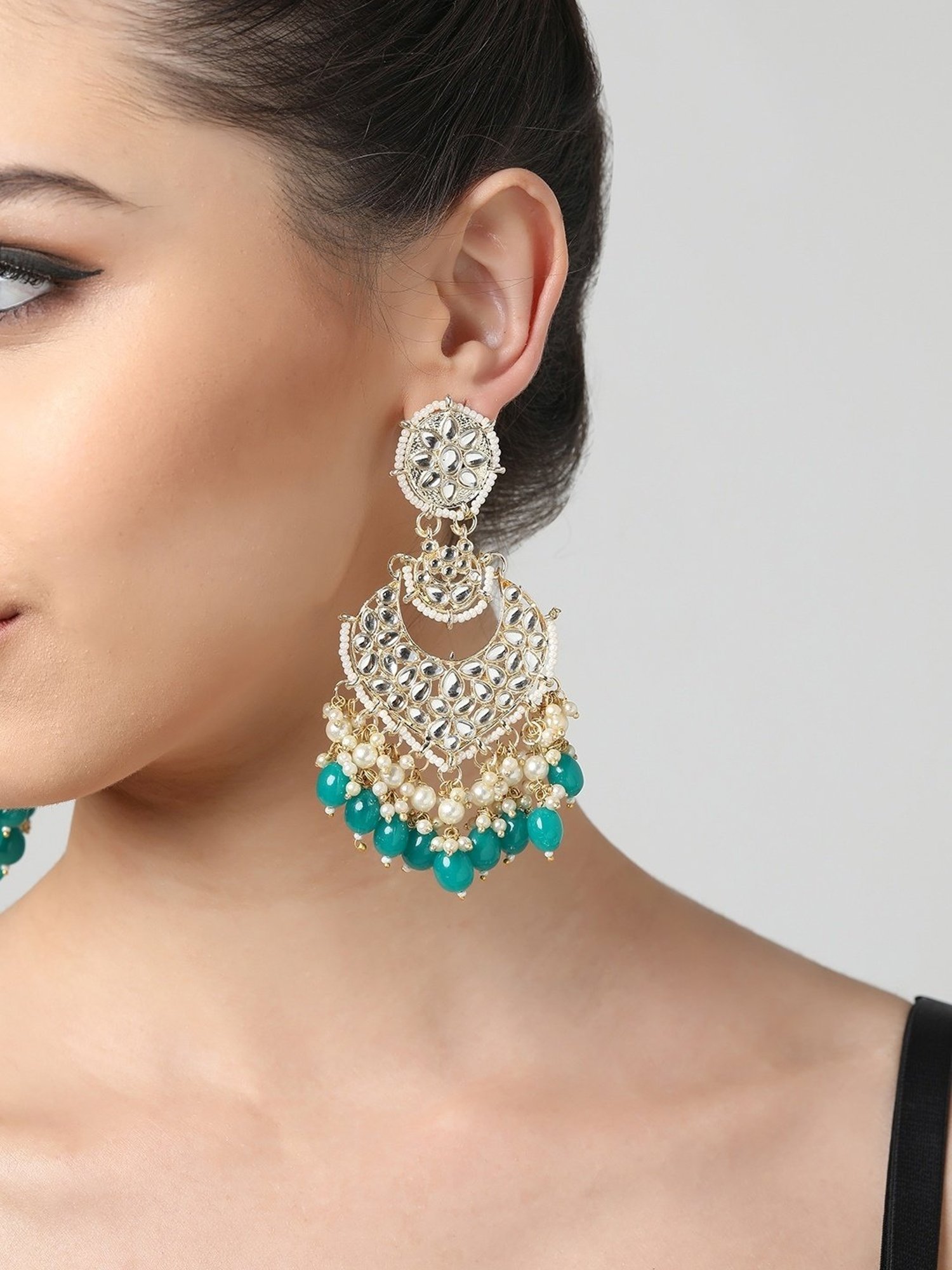 Zaveri Pearls Green Beads Traditional Kundan & Pearls Dangler Earrings - ZPFK11017