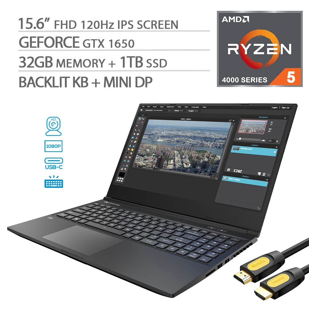 Gateway Creator Series 1650 Gaming Laptop, 120Hz 15.6" FHD 1080p, AMD Ryzen 5-4600H 6-Core, GeForce GTX 1650, 32GB RAM, 2TB SSD, Backlit, USB-C, HDMI, Mini DP, Mytrix HDMI Cable, Win 10
