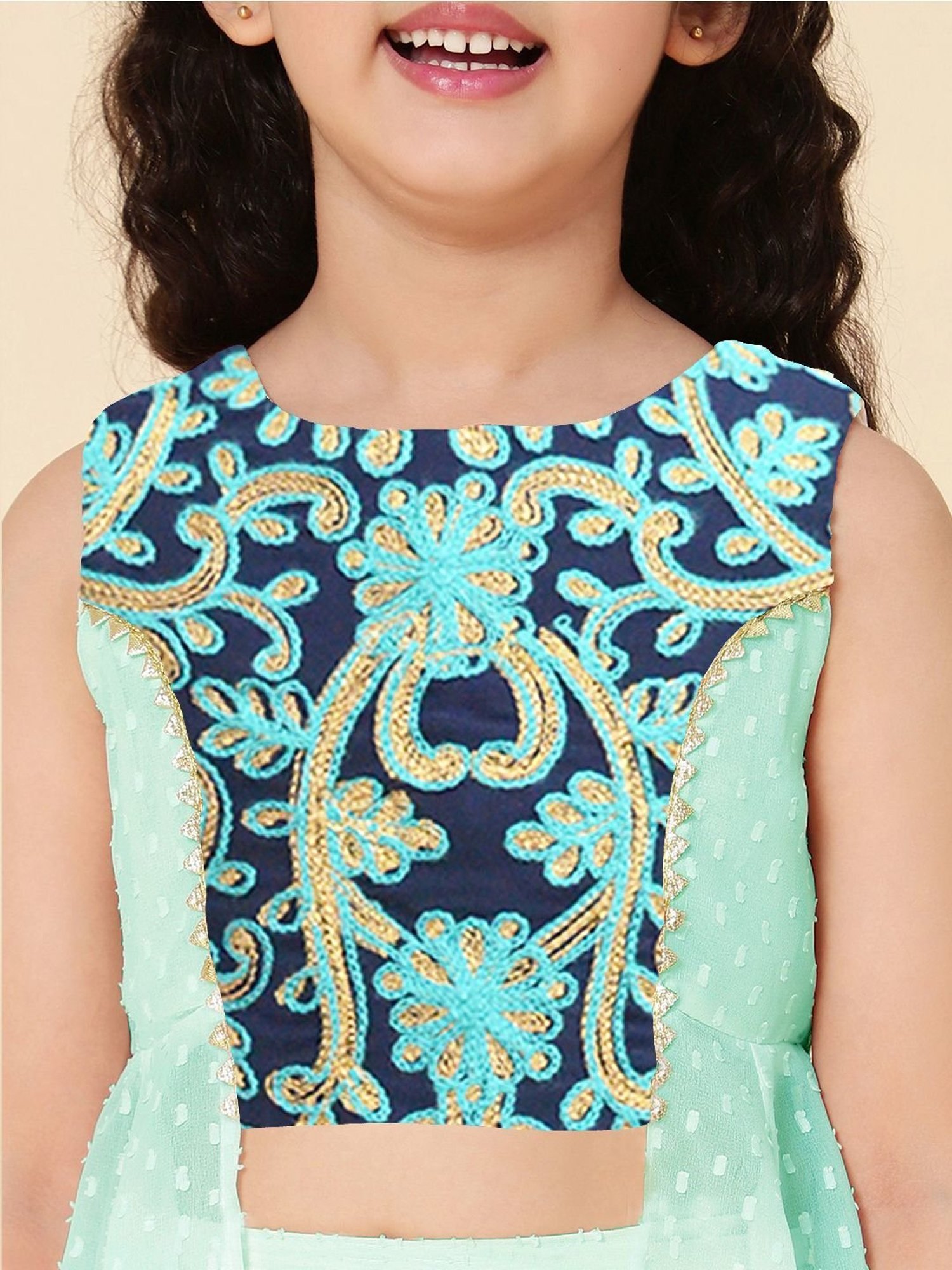 A.T.U.N. Kids Navy & Mint Green Embroidered Kurta Set