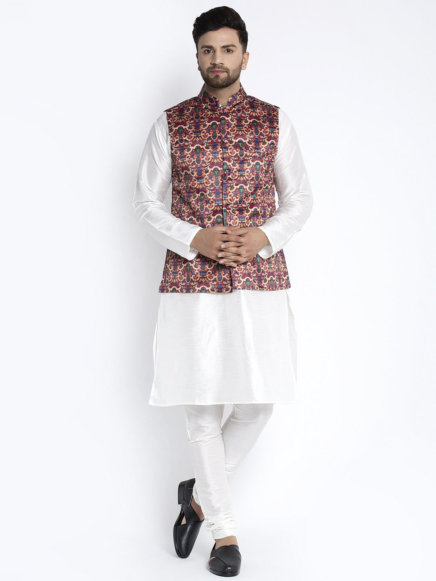 Benstoke White & Maroon Regular Fit Printed Kurta Set With Jacket