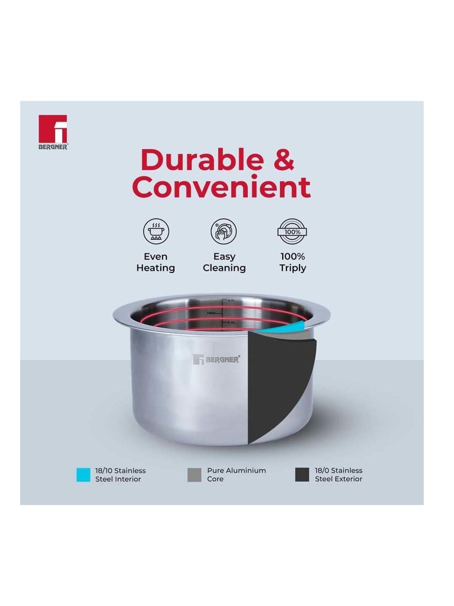 Bergner Tripro Silver Stainless Steel 20 cm Induction Friendly Triply Cooking Pot With Lid (3.1 L)