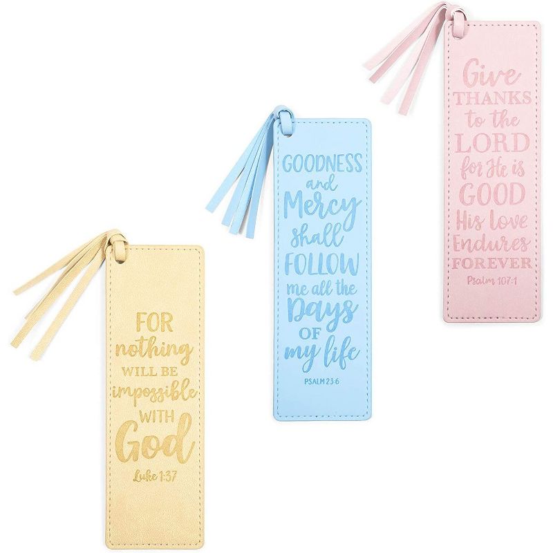Faithful Finds 3 Piece Faux Leather Religious Inspirational Bible Verses Bookmark Set for Gifts, 3 Colors