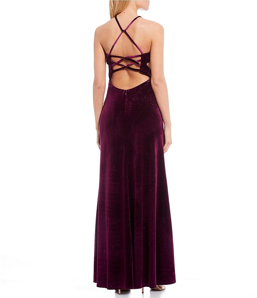 Morgan & Co. Halter Neck Glitter Velvet Cage-Back High Side Slit Long Dress