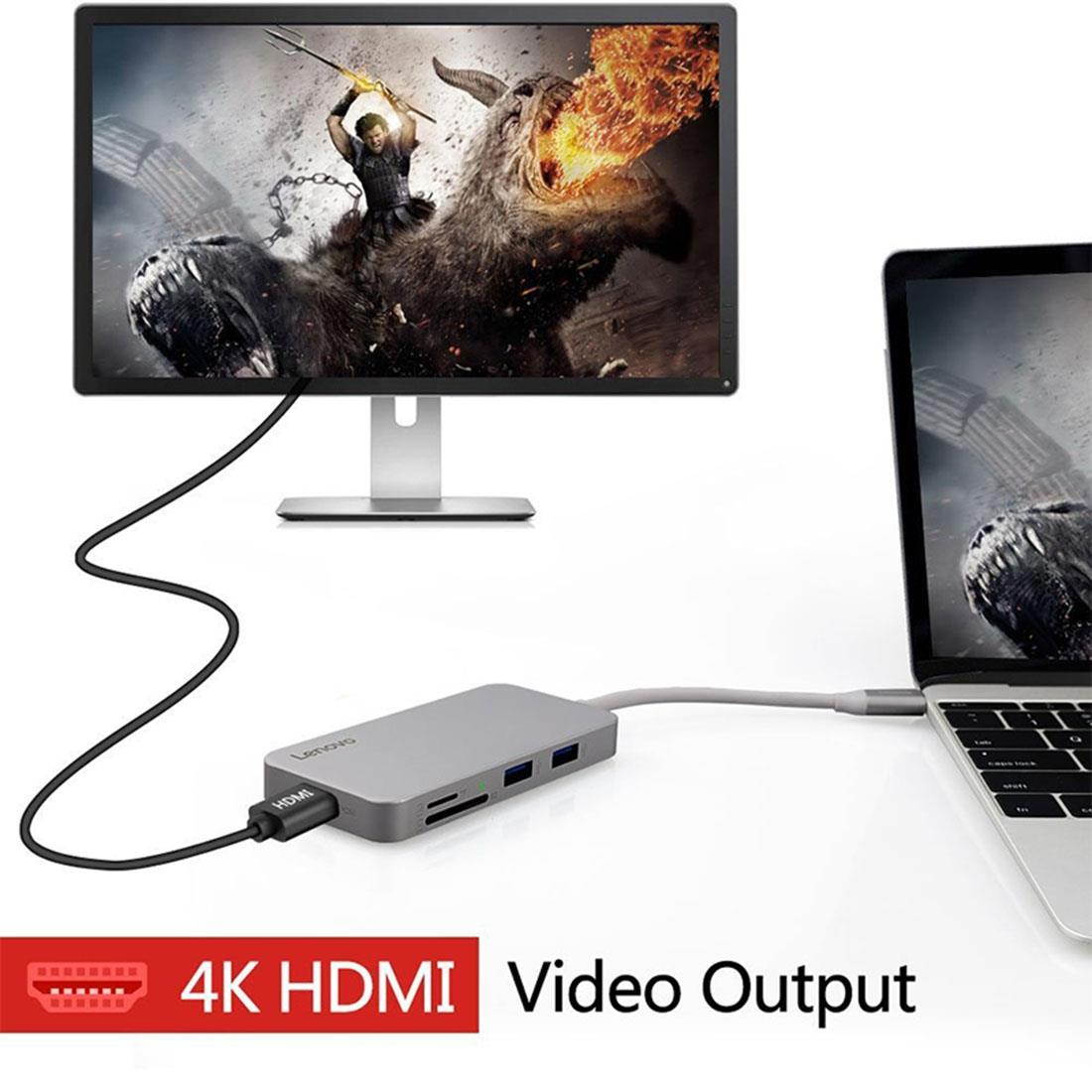 Lenovo C107 7 in 1 HDMI Port & USB-C / Type-C Charging Port & 2 x USB3.0 Ports & 1 x USB2.0 Port & SD / TF Card Slot to USB-C / Type-C HUB Adapter(Grey)