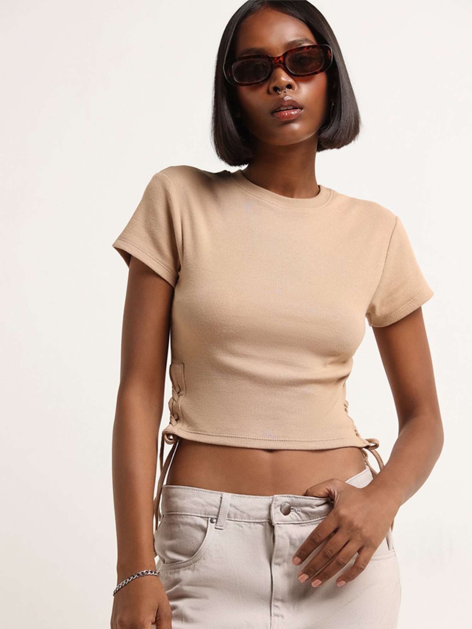 Nuon by Westside Beige Ribbed T-Shirt