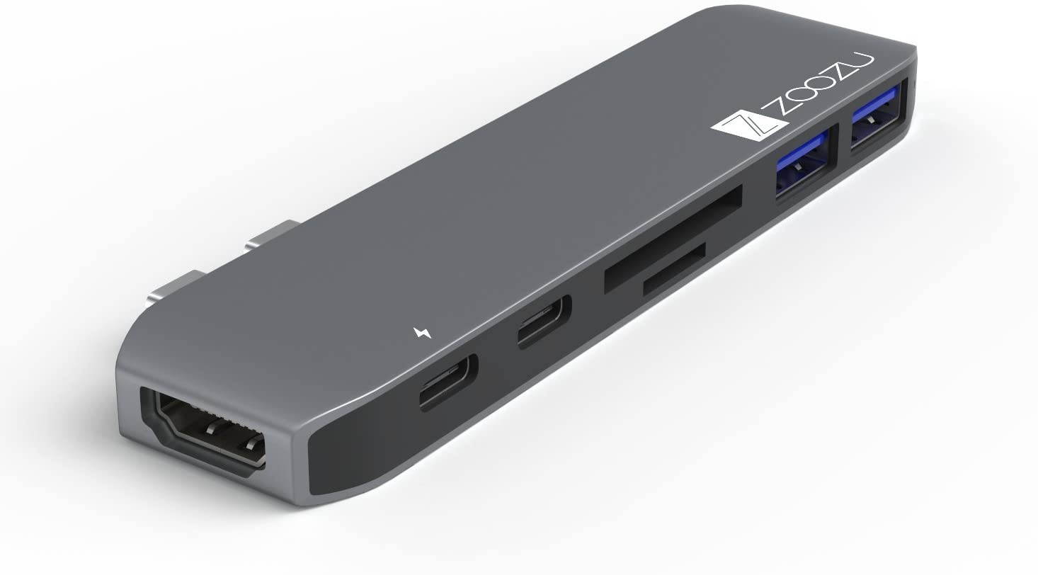 ZOOZU USB Type-C Adapter Dongle for MacBook Pro 2016-2019, MacBook Air 2018-2019, Thunderbolt 3, Pass-Through Charging, USB-C, 4K HDMI, 2 USB 3.0 Ports, SD/Micro Card Reader (Space Gray)