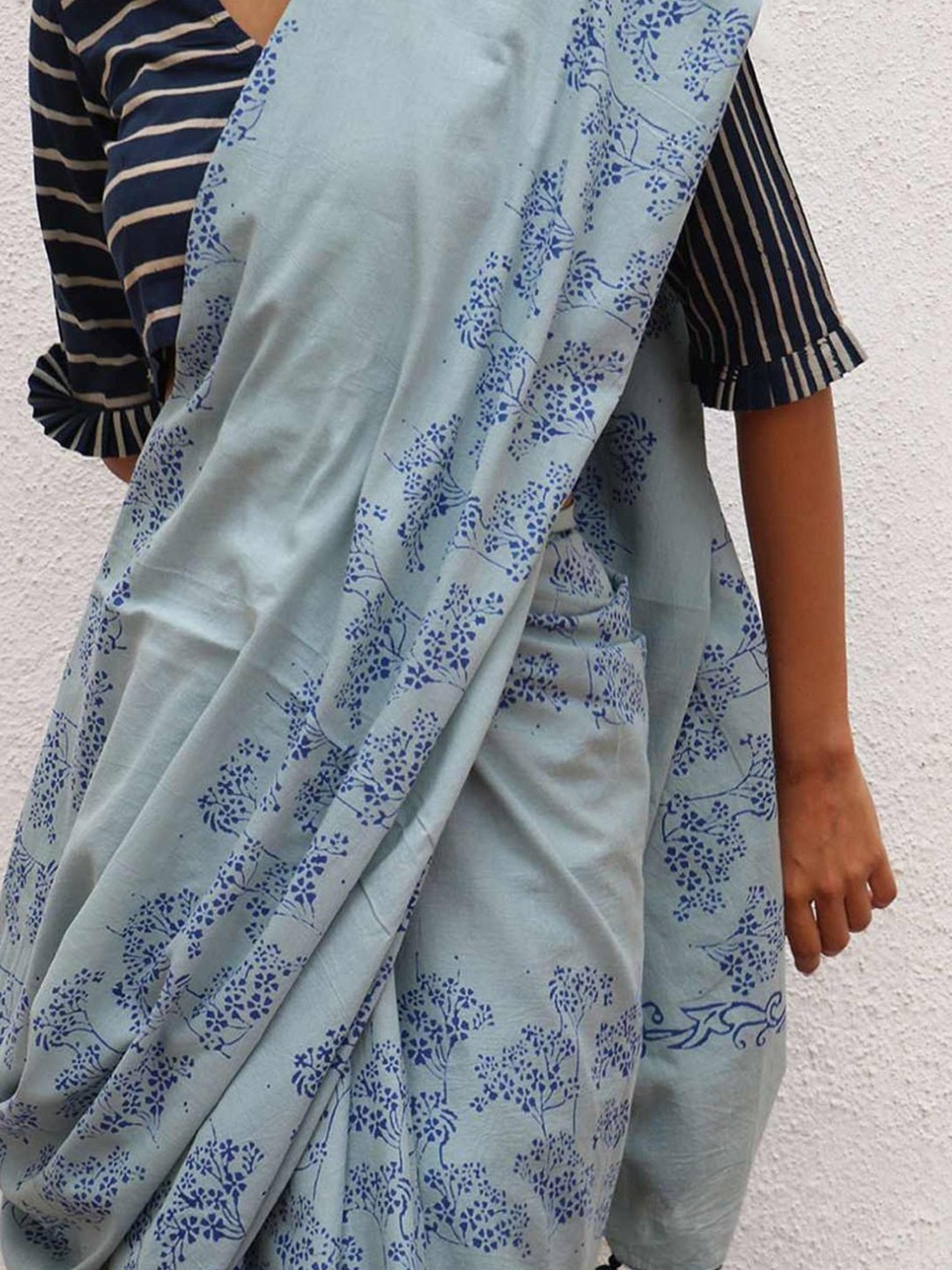 Chidiyaa Blue Paakhi Almond Blossoms Handblock Printed Cotton Sarees