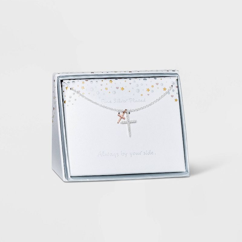 Silver Plated with Cubic Zirconia Double Cross Charm Necklace - Silver