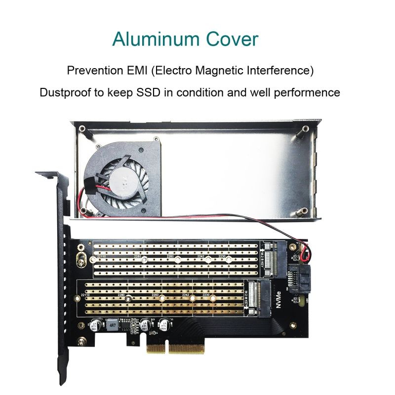 GLOTRENDS 2 in 1 M.2 PCIE Adapter and M.2 NGFF SATA Adapter, EMI Protection Cover with Fan