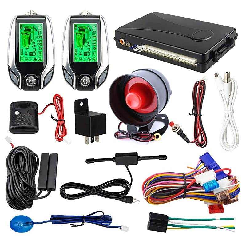 EC204 2 Way car Alarm System with PKE Passive keyless Entry, Rechargeable LCD Pager Display & Remote Trunk Release, Shock Warning DC12V